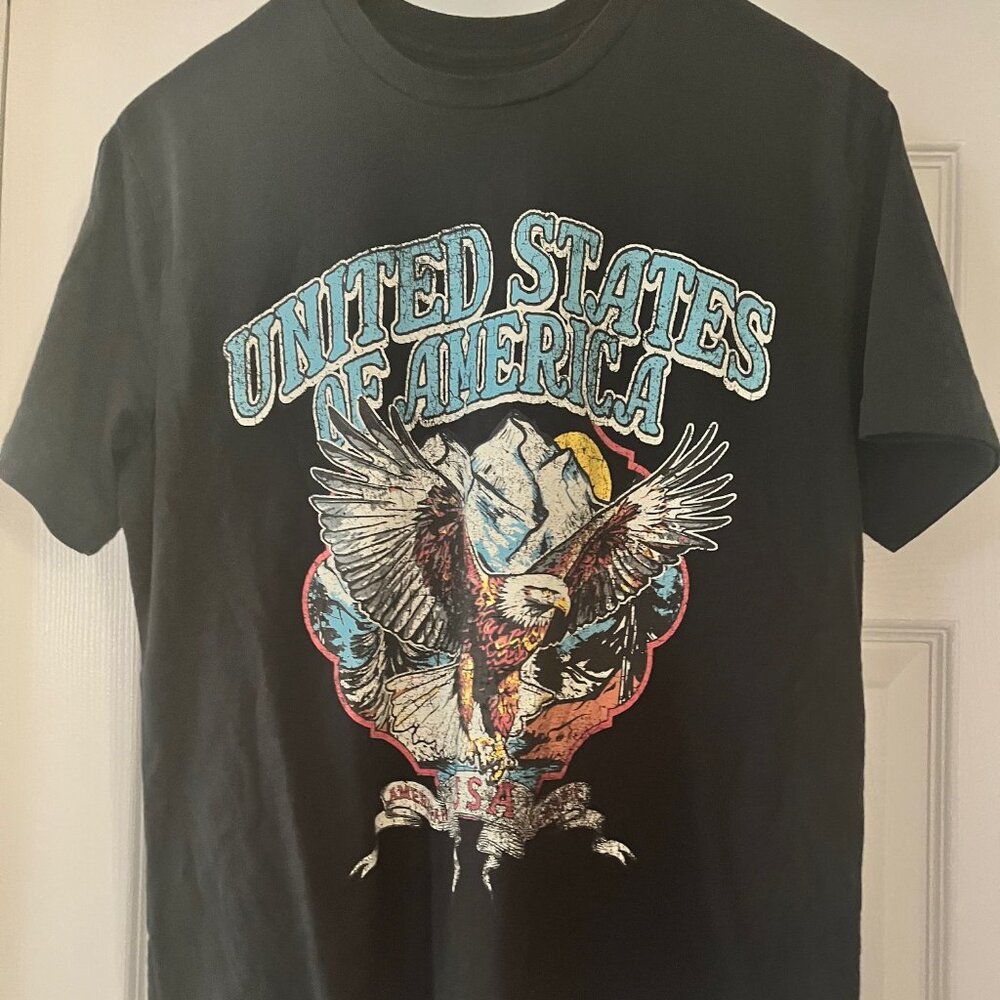 VTG American Flag Eagle Graphic Shirt Mens Short Sleeves Shirt Medium Dark Gray